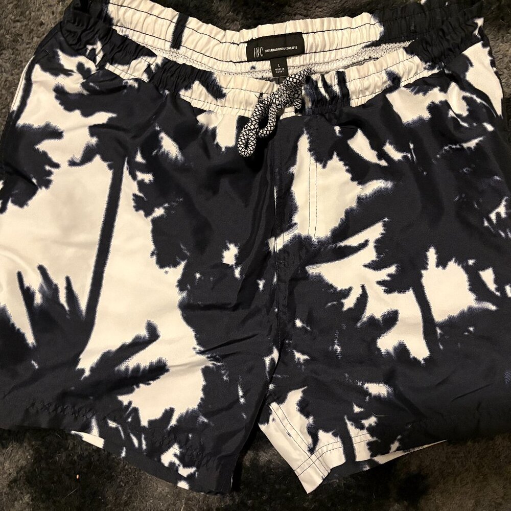 Large INC boardshorts swimsuit trunks palm trees black white
